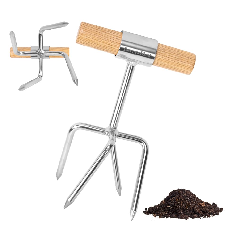 Berry&Bird Twist Tiller close-up with four tines for soil aeration.