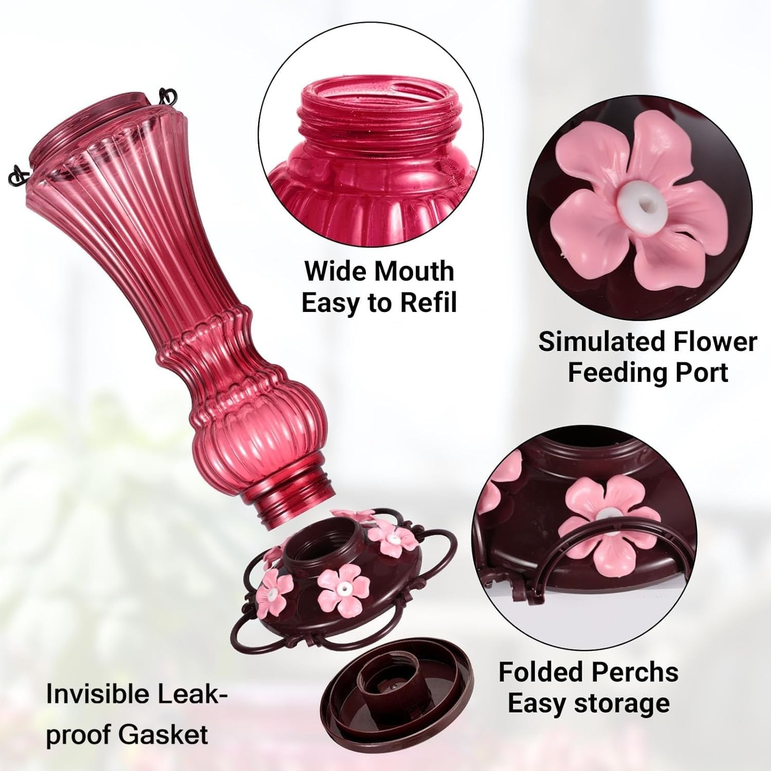 Beserie hummingbird feeder wide-mouth fill-ease ensures mess-free refills.