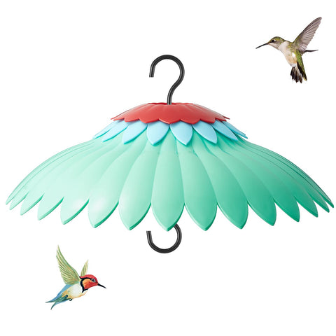 Beserie Squirrel Baffle on a hanging feeder with a green dome protects seeds and attracts hummingbirds.