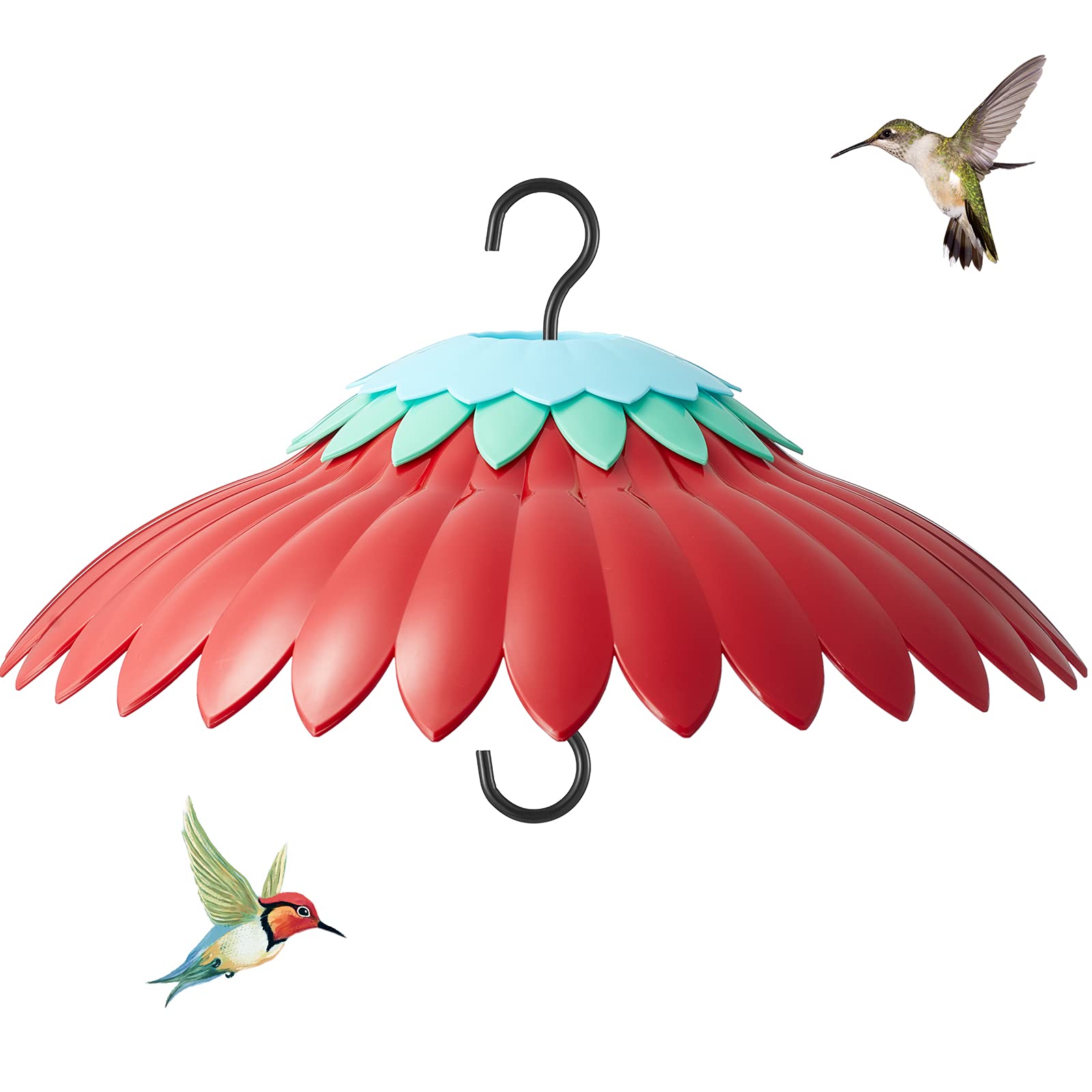 Beserie Squirrel Baffle red umbrella shields the feeder from sun while attracting hummingbirds.