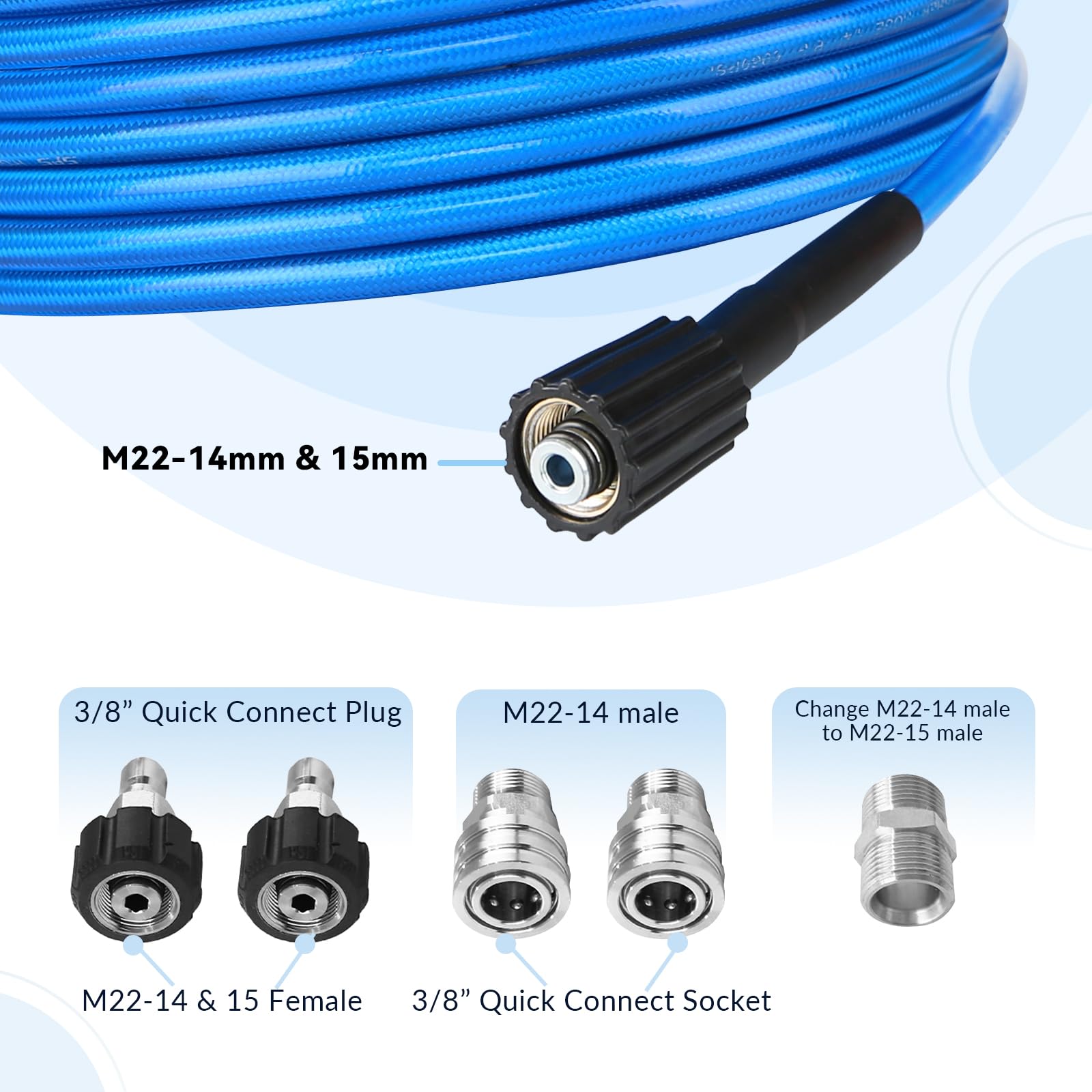 BESHED M22 female to 3/8 inch quick-connect kit included for fast setup.