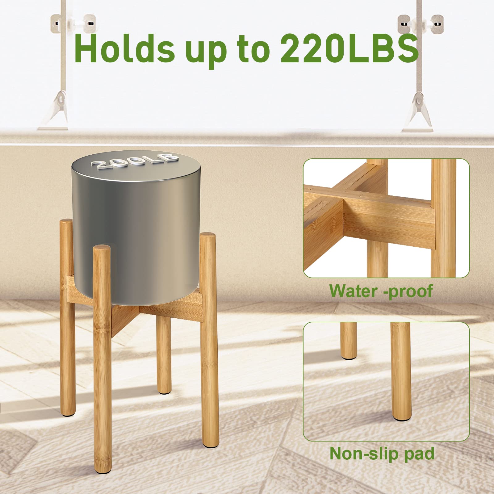 Adjustable rails on BESHOF stand accommodate 8–12 inch pots.