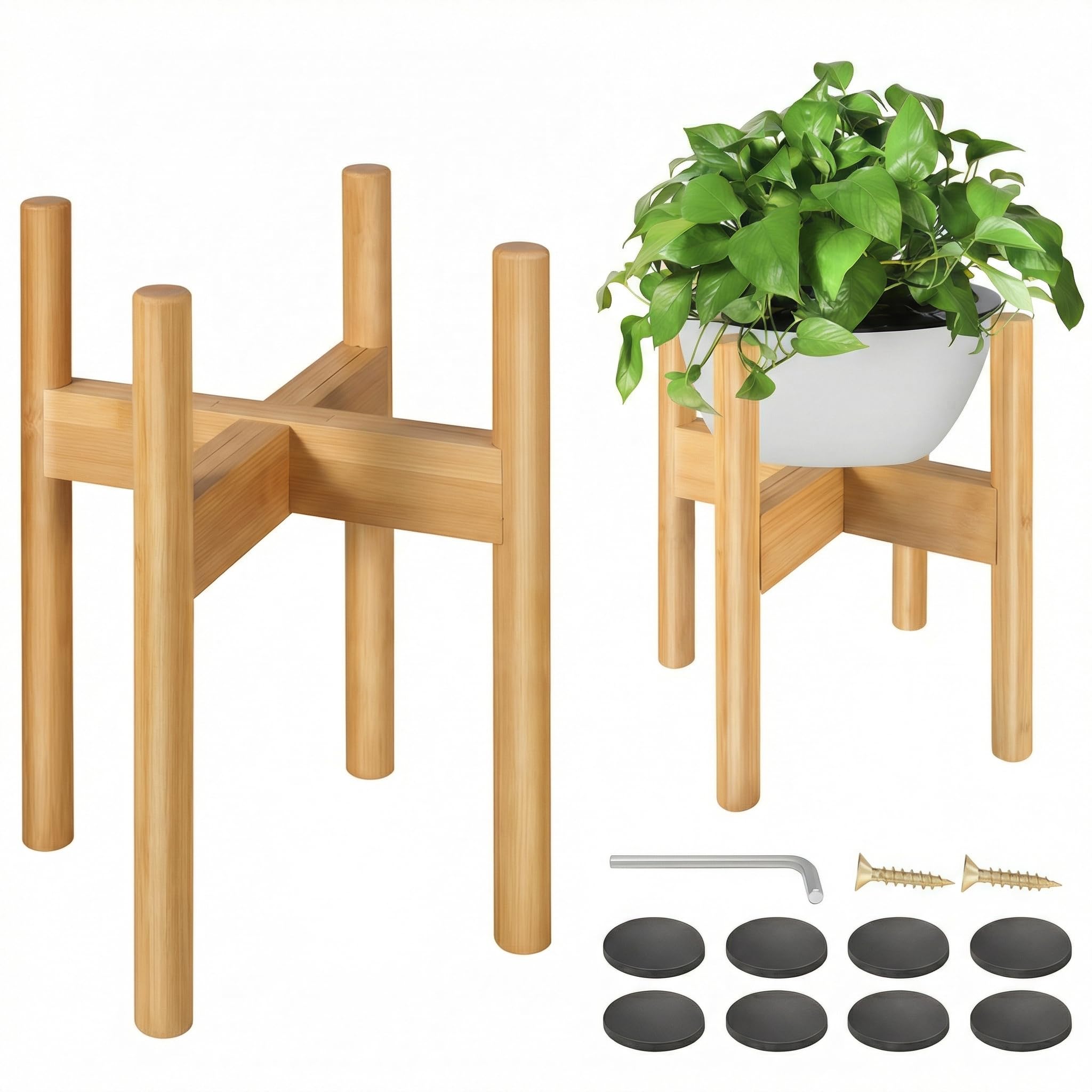 BESHOF bamboo plant stand with adjustable 8–12 inch pots for beige decor.