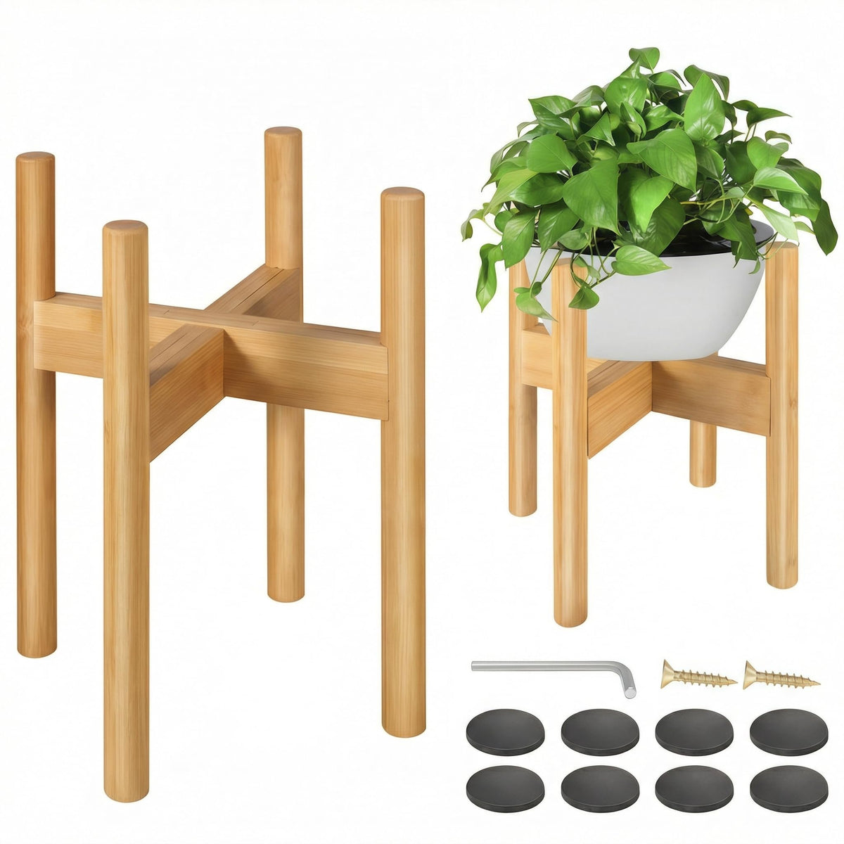 BESHOF bamboo plant stand with adjustable 8–12 inch pots for beige decor.