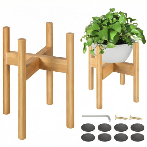 BESHOF bamboo plant stand with adjustable 8–12 inch pots for beige decor.
