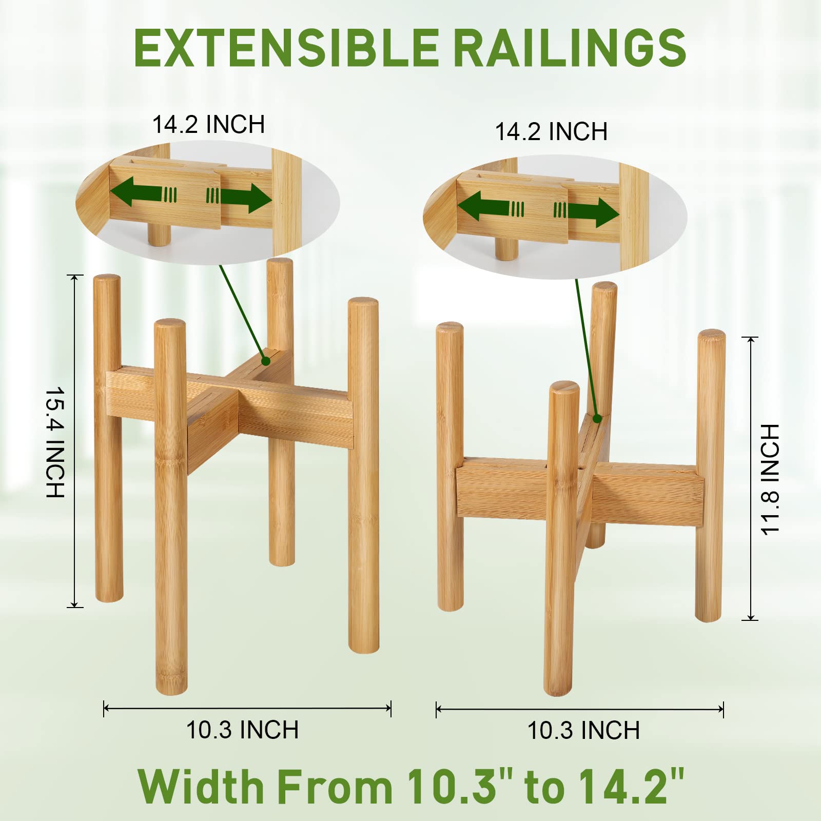 BESHOF mid-century bamboo stand complements living room decor while supporting plants.