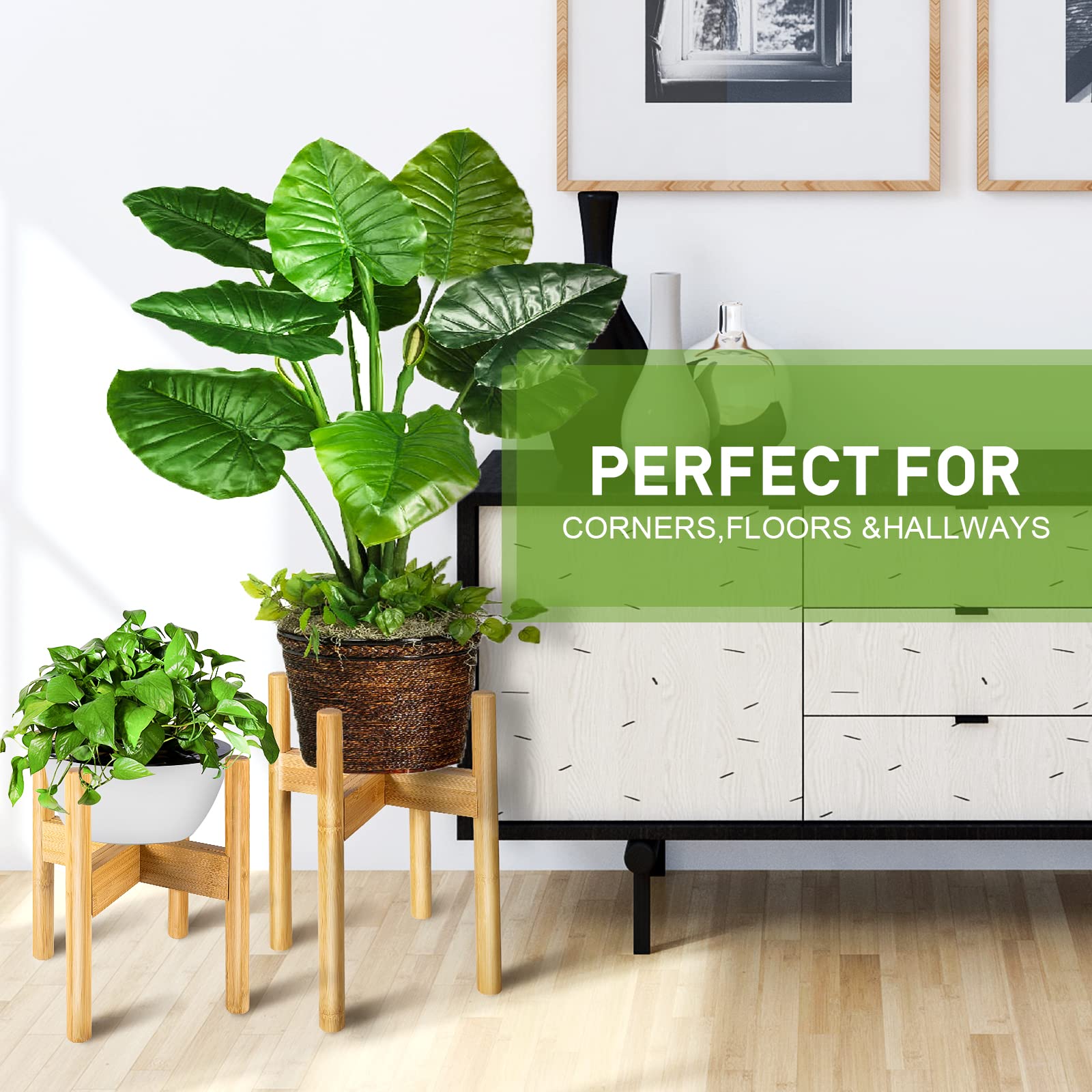 BESHOF two-pack bamboo stands elevating indoor greenery with space-saving design.