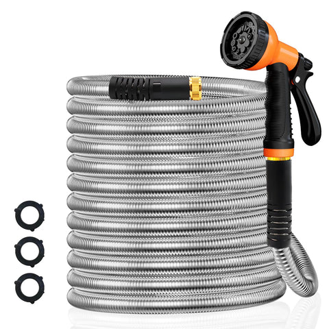 Besiter 100ft stainless steel garden hose in orange, flexible and tangle-free for easy watering.