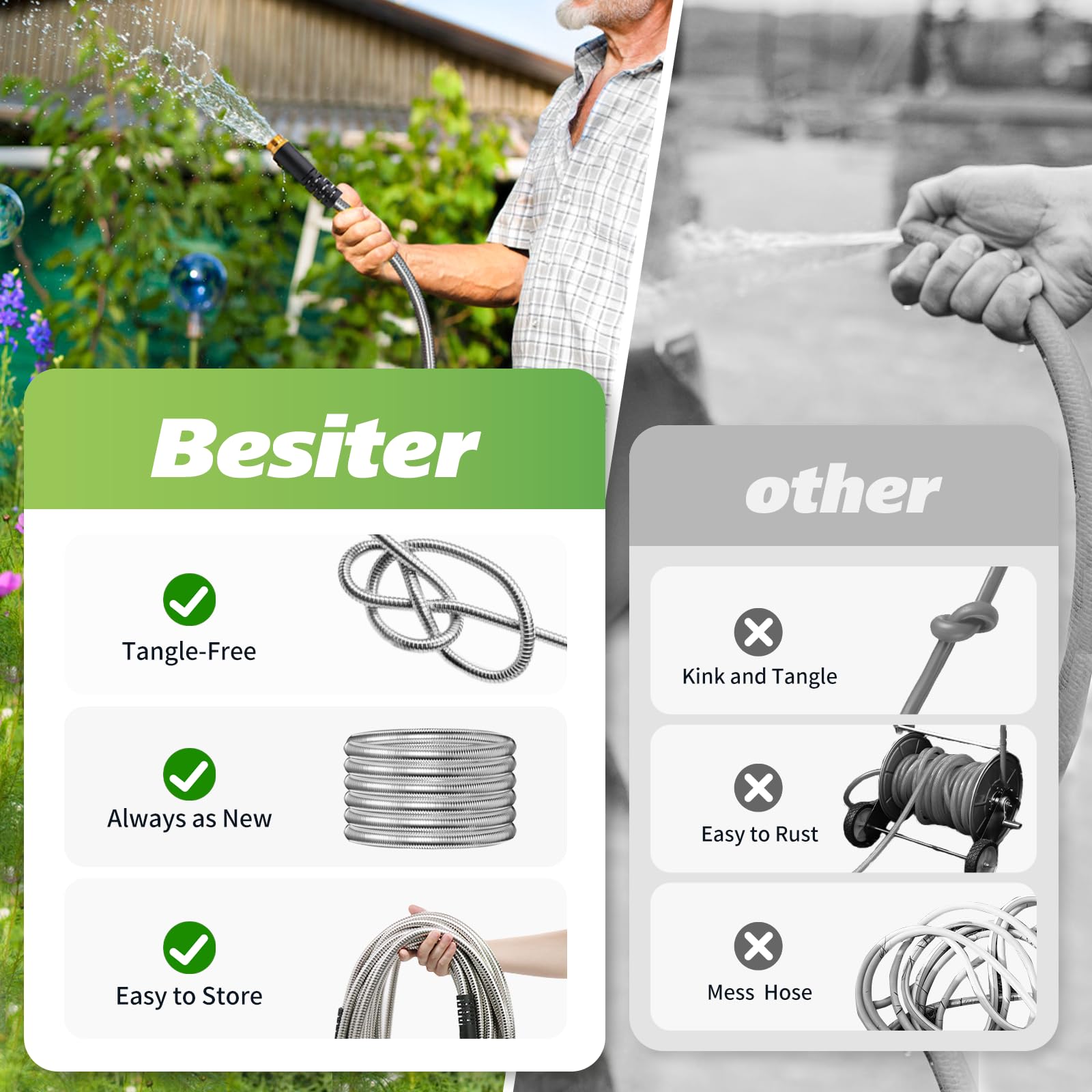 Besiter flexible metal hose on lawn ensures easy maneuvering around obstacles.