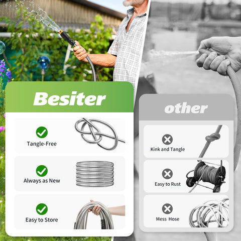 Besiter flexible metal hose on lawn ensures easy maneuvering around obstacles.