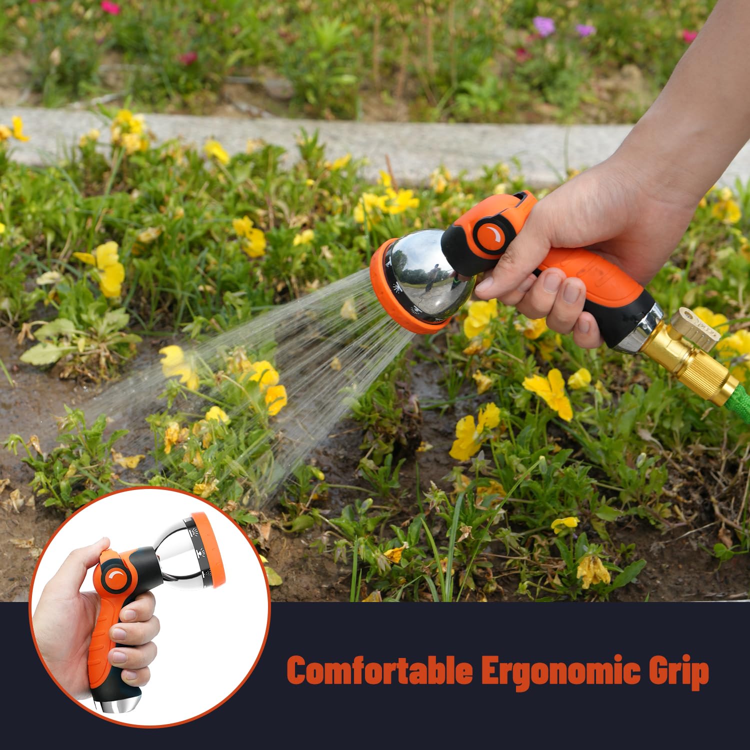 Besiter garden hose nozzle showcasing 10 spray patterns for versatile tasks.