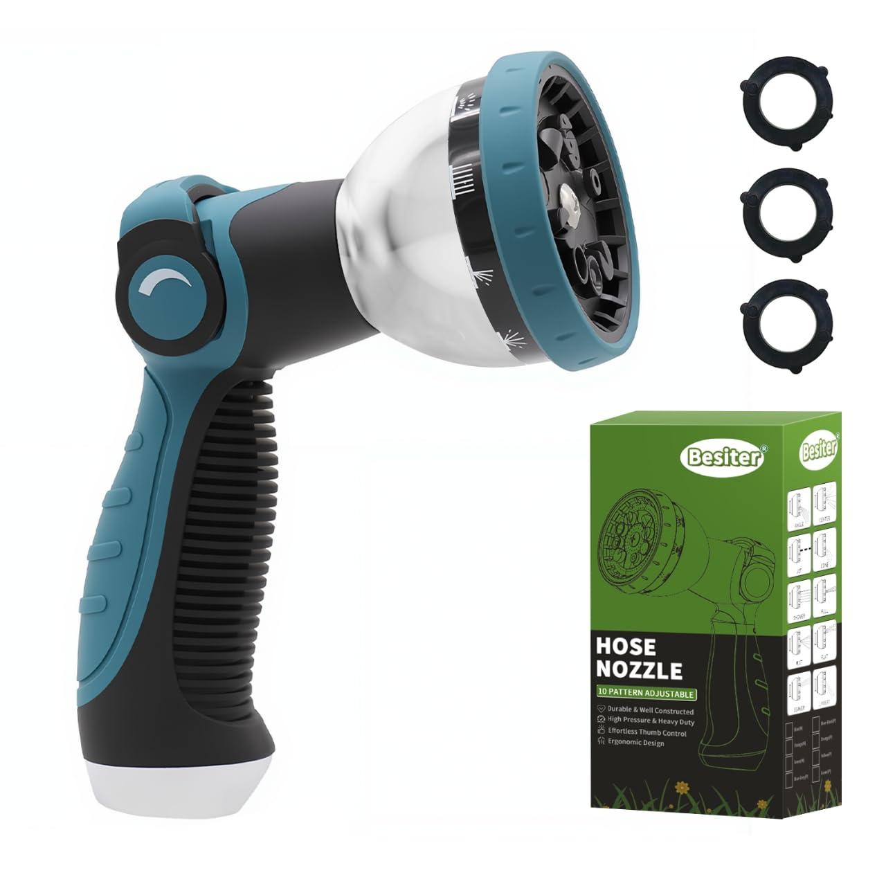 Besiter garden hose nozzle with thumb-control for easy on/off operation during watering