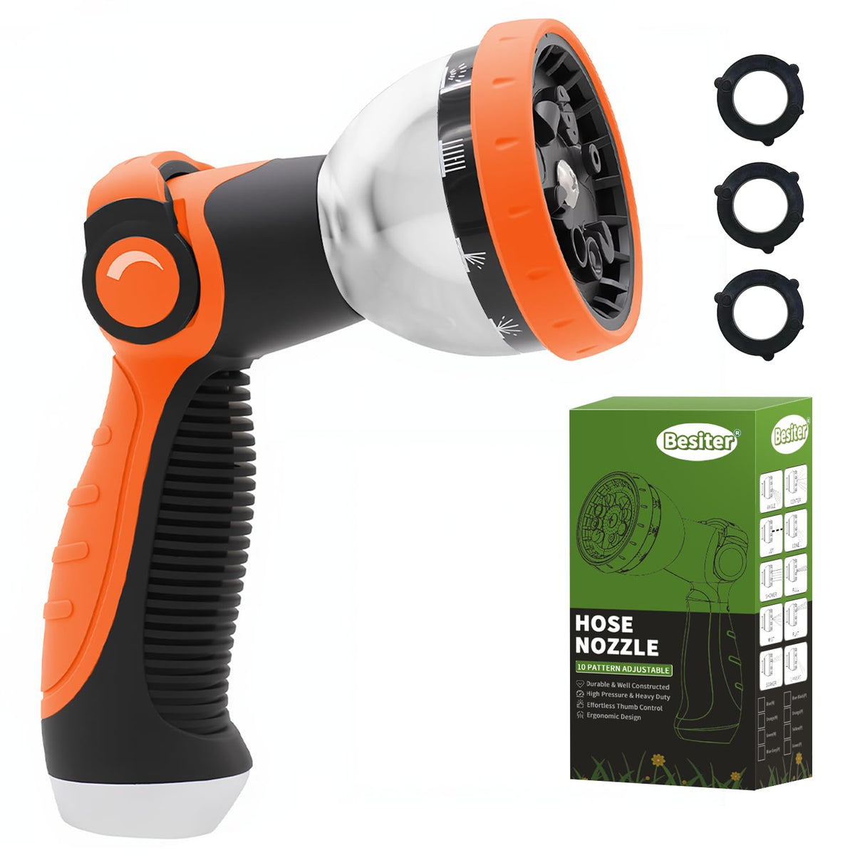 Besiter garden hose nozzle with thumb control for easy one-handed operation.