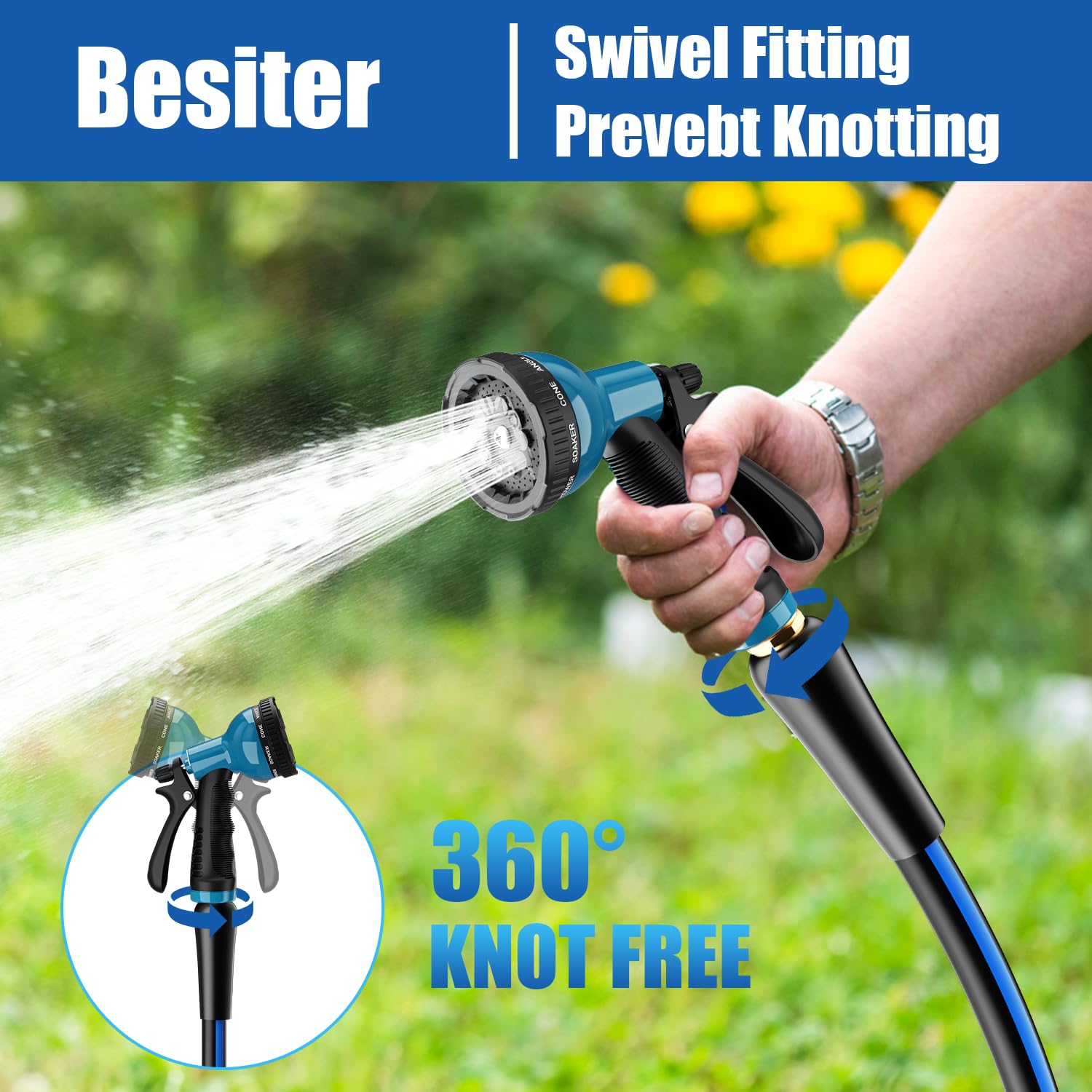 Besiter heavy-duty hose with 10-function sprayer for versatile watering tasks.