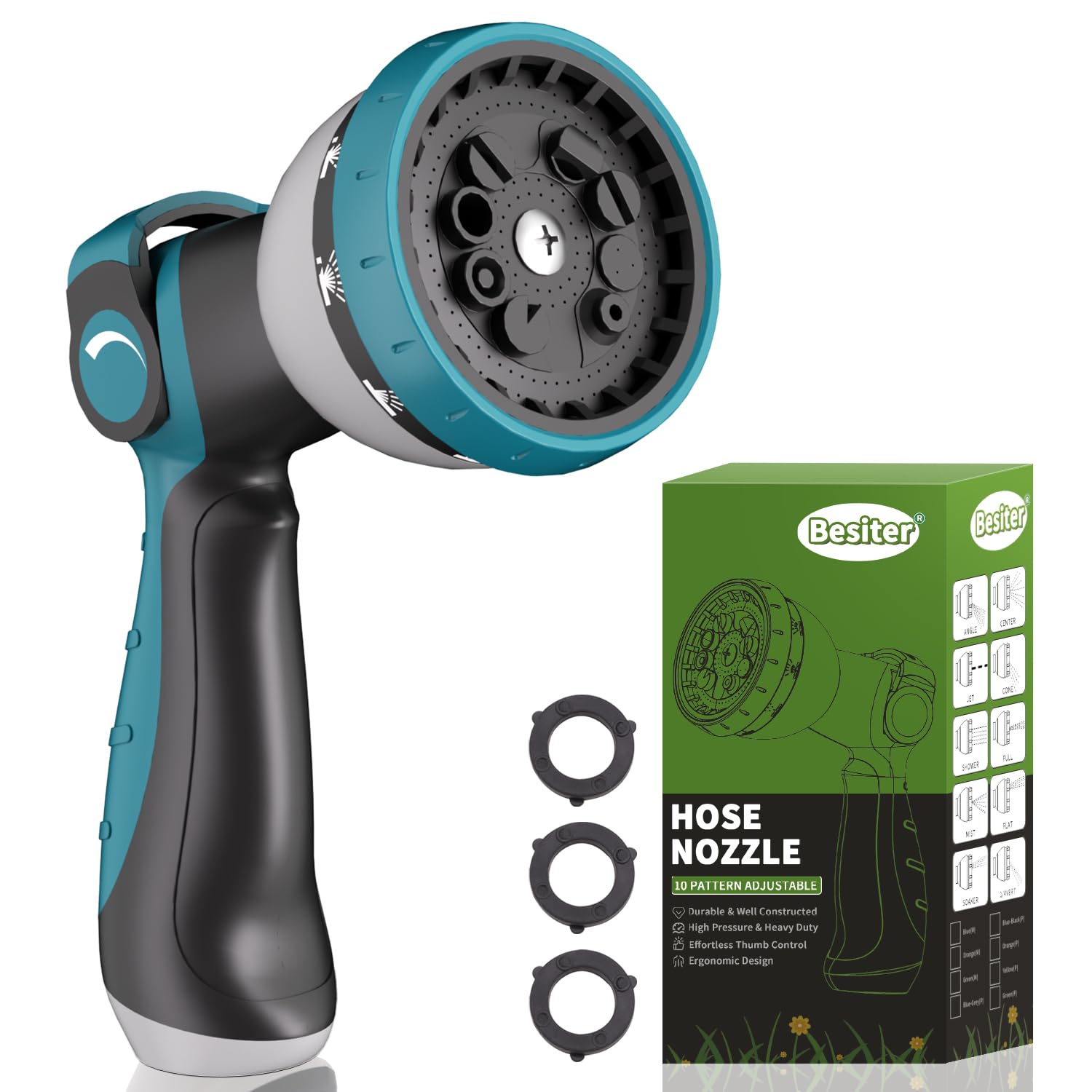 Besiter hose nozzle thumb-control for effortless on/off water flow.