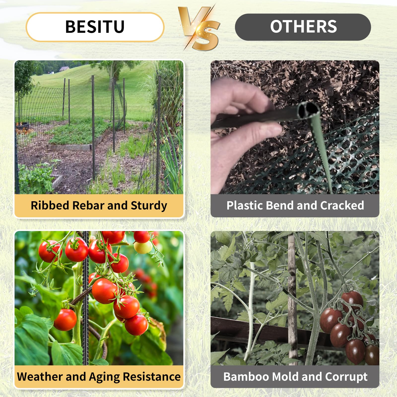 Besitu ground anchors securing trees, shrubs, and landscape timbers.