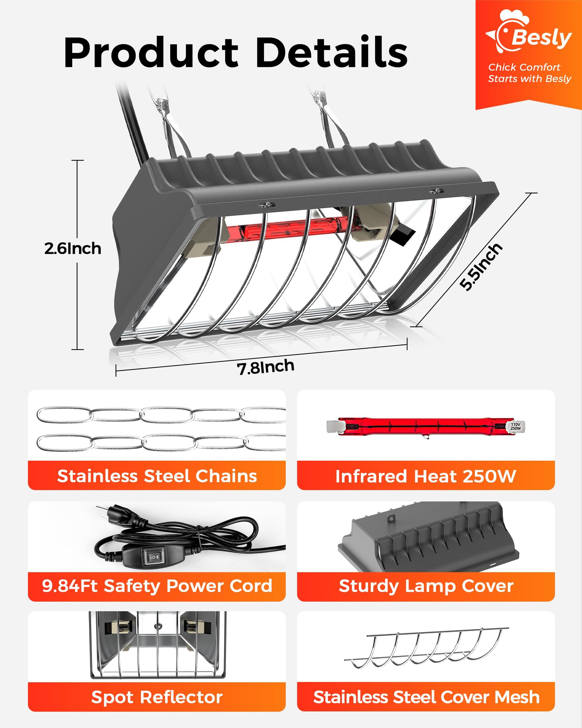 Besly aluminum shell heat lamp showing durable safety design
