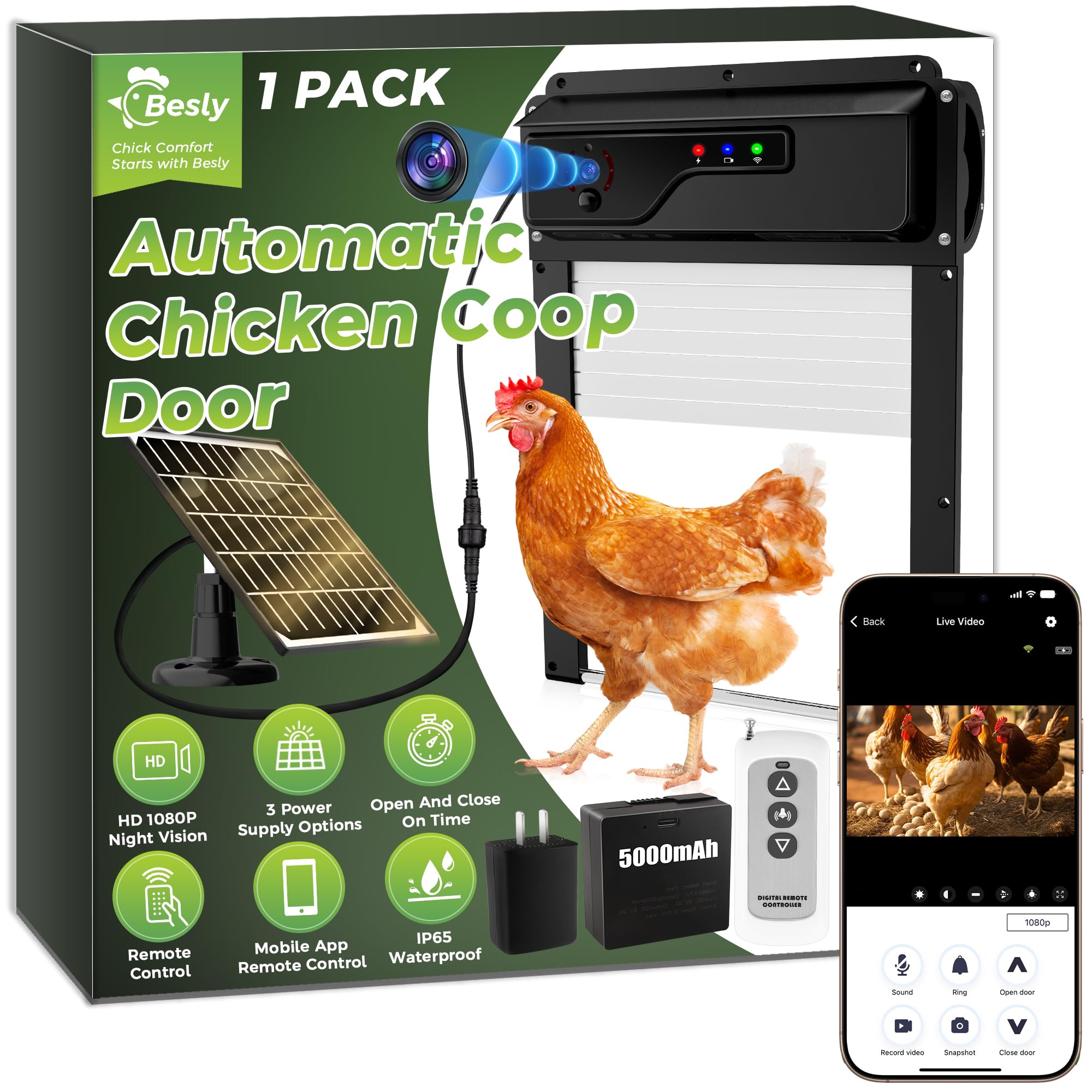 Besly WiFi automatic chicken door front view with durable outdoor housing