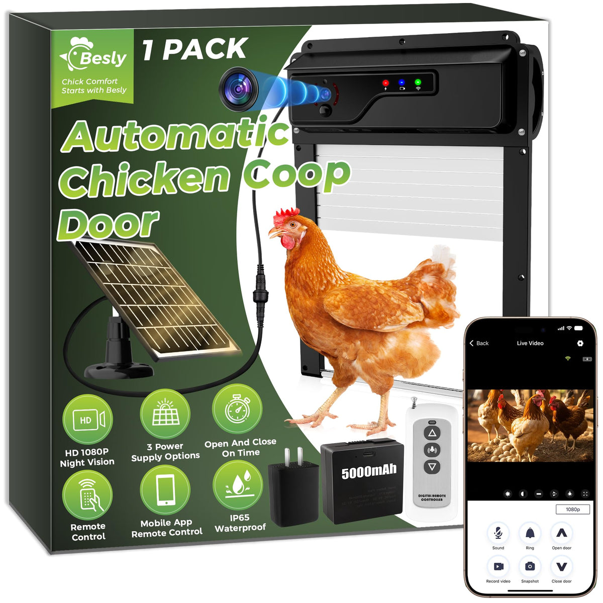 Besly WiFi automatic chicken door front view with durable outdoor housing