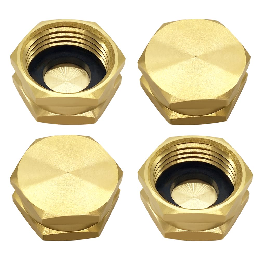 BesNPT brass garden hose end cap 4-pack with washers for leak-free connections.
