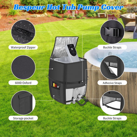 Bespeur inflatable hot tub pump cover demonstrating compatibility with popular brands.
