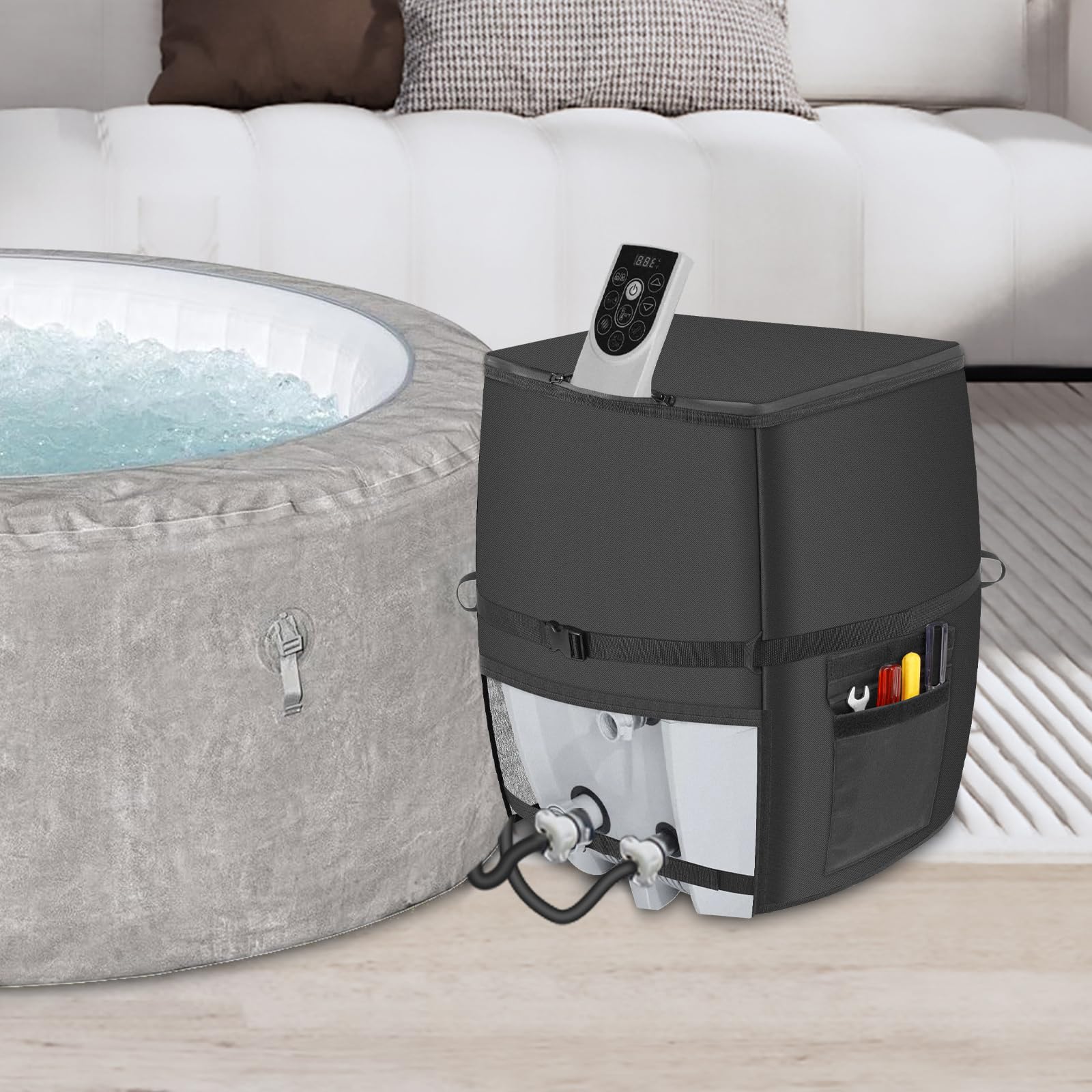 Bespeur spa heater cover includes a storage pocket for filters and kits.
