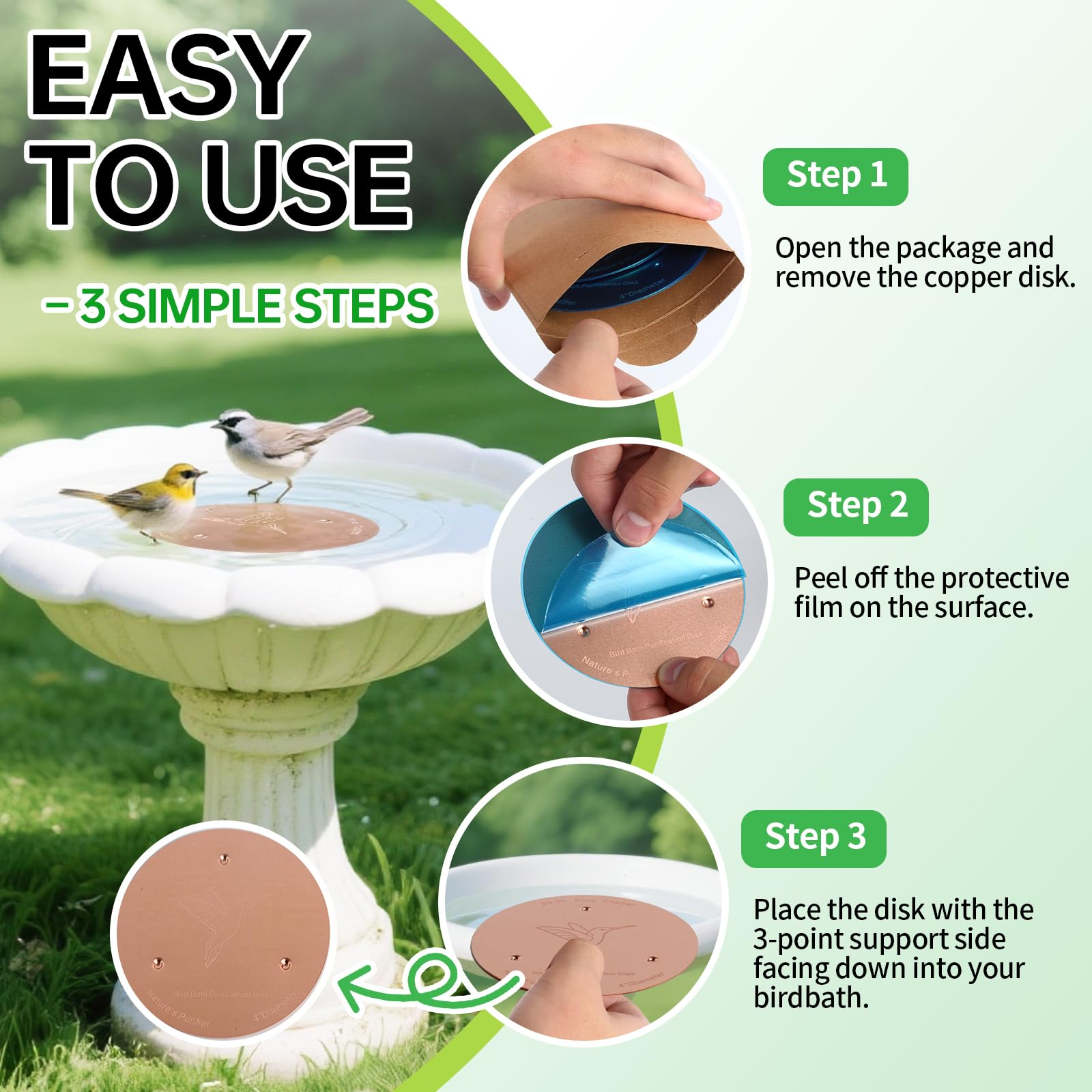 Bessny birdbath copper disc non-metal basins compatibility for stone plastic or composite bowls
