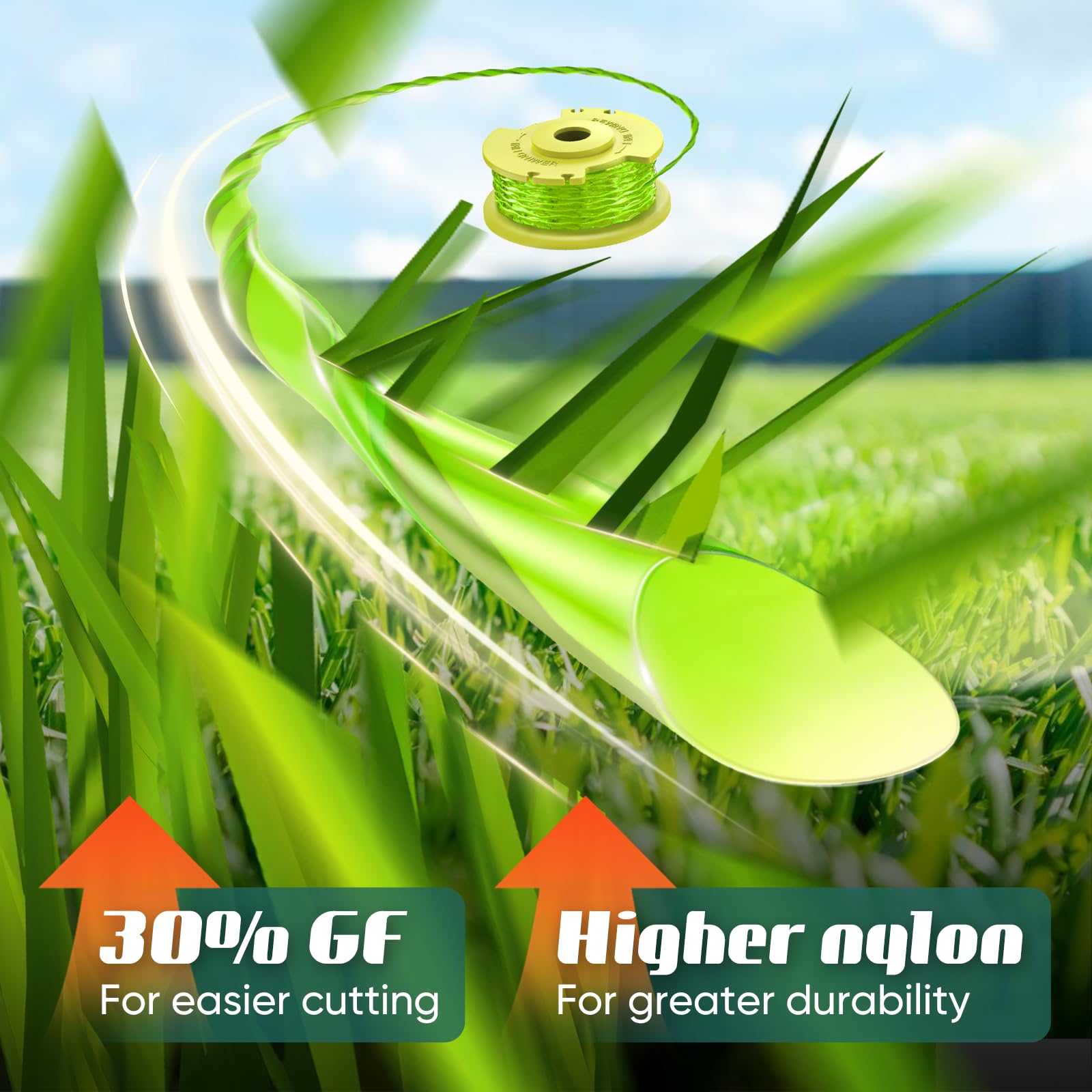 Bessport 0.08in trimmer string close-up highlighting durability and flexible feeding.