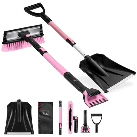 Best Choice Products 4-in-1 snow brush with shovel pink foam grip for easy snow removal.