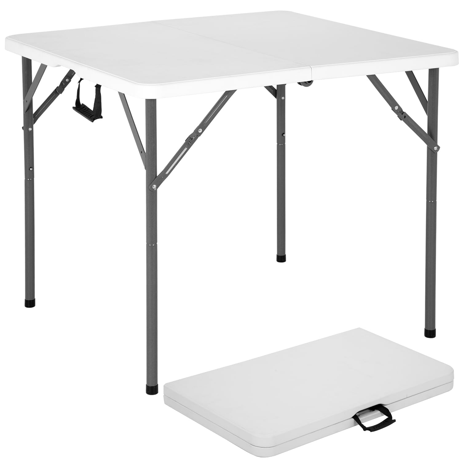 BestOffice outdoor folding table opened for use with sturdy white top.