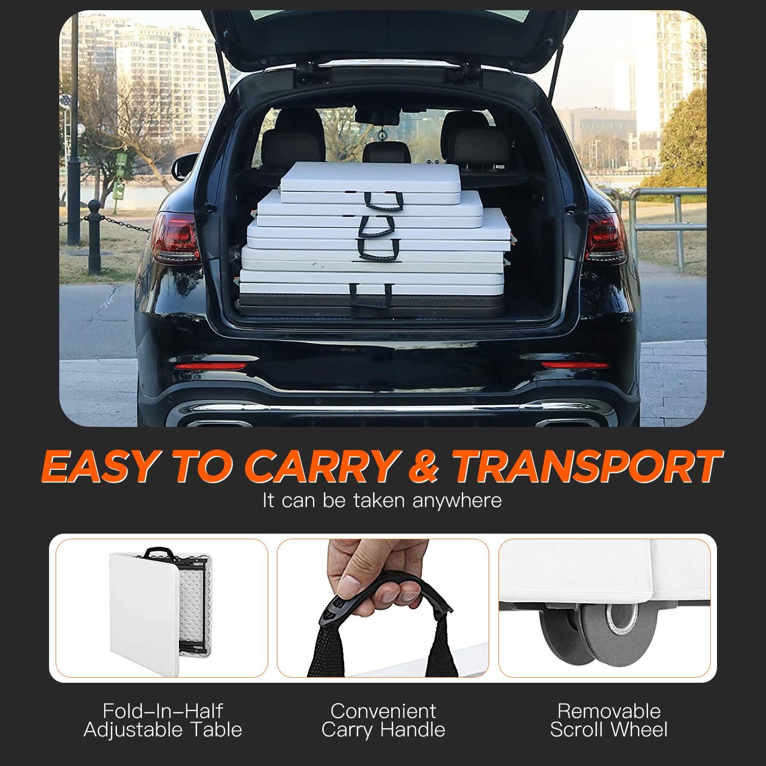 Portable event table with built-in handle for quick transport