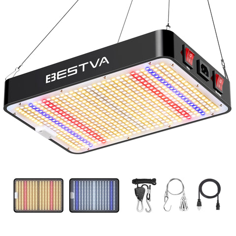 Bestva DC1000 LED grow light front view over a small indoor garden for efficient seedling growth.