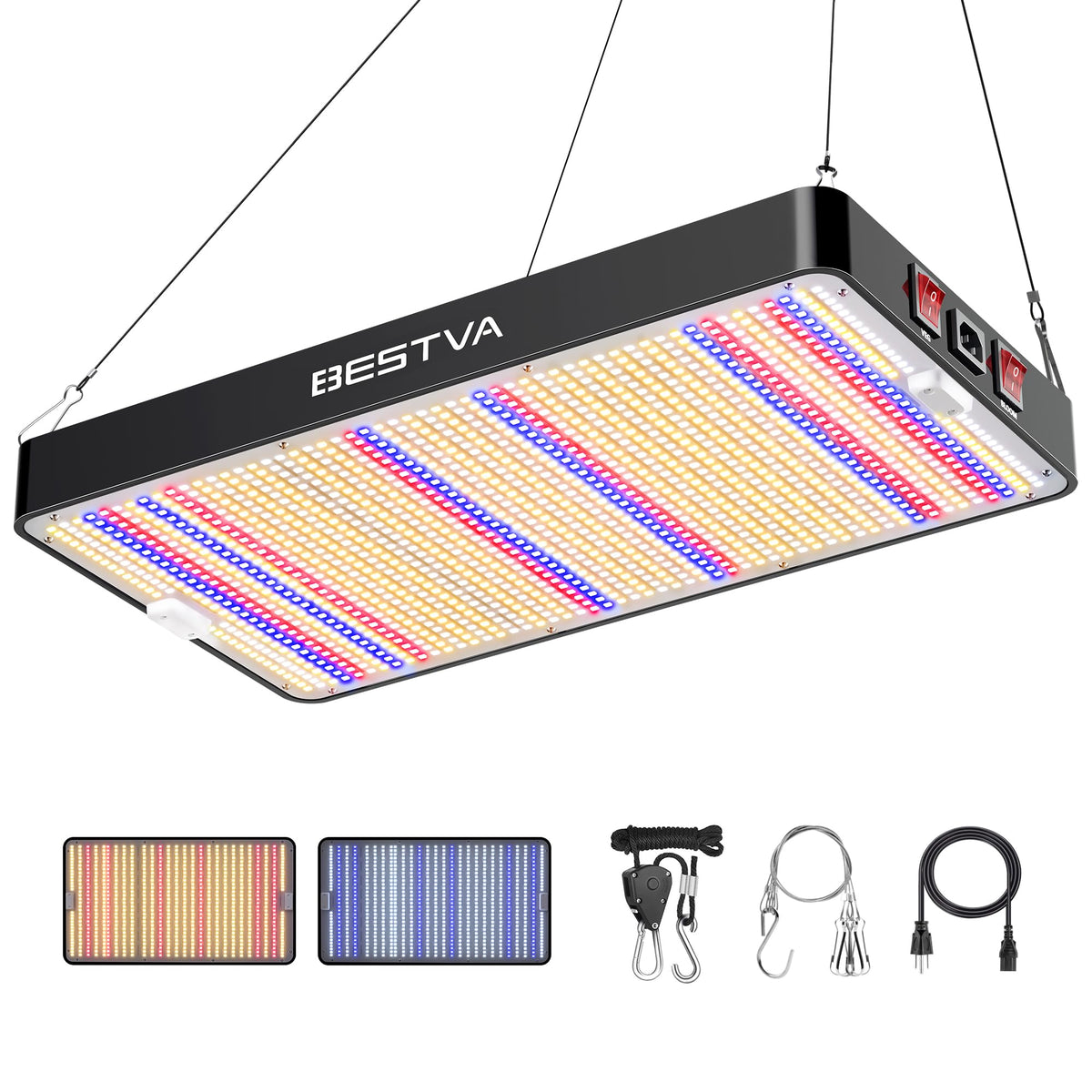 Bestva DC3000 LED panel close-up highlighting full spectrum for indoor seedlings.