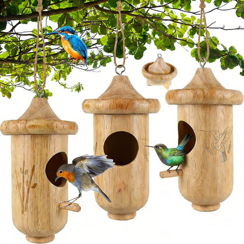 BESWORLDS hummingbird house for outdoor hanging with natural wood in a garden setting