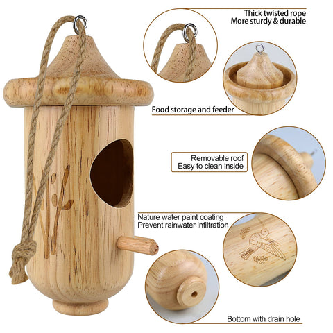 BESWORLDS wooden hummingbird nest with rope, rustic garden appeal