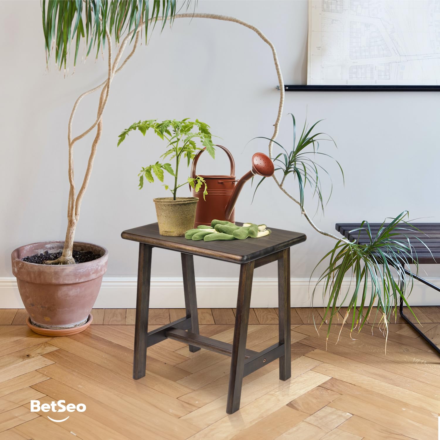 BETSEO Acacia stool with plant side view, ideal plant display platform