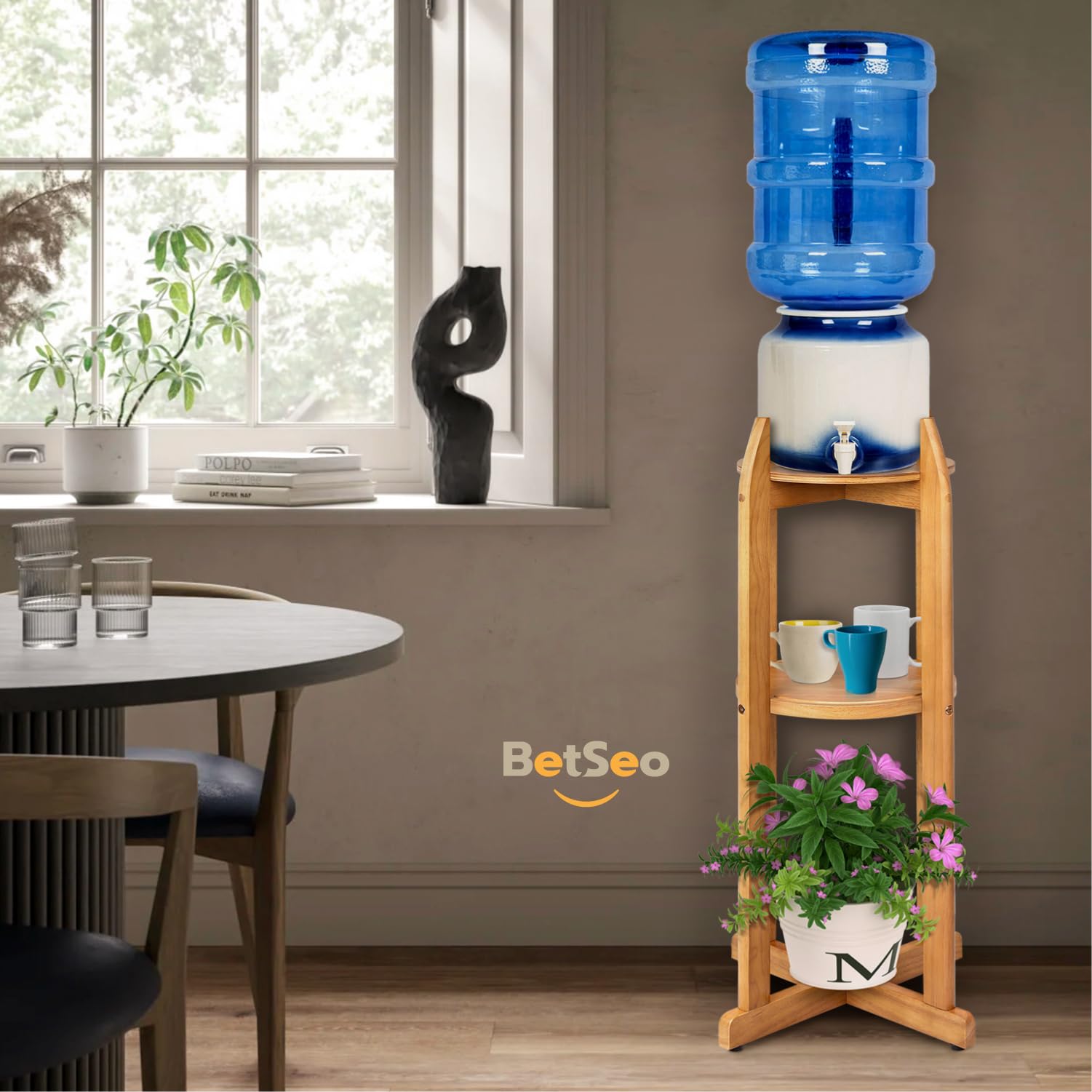 BETSEO stand shown with 1-5 gallon bottles ready for use