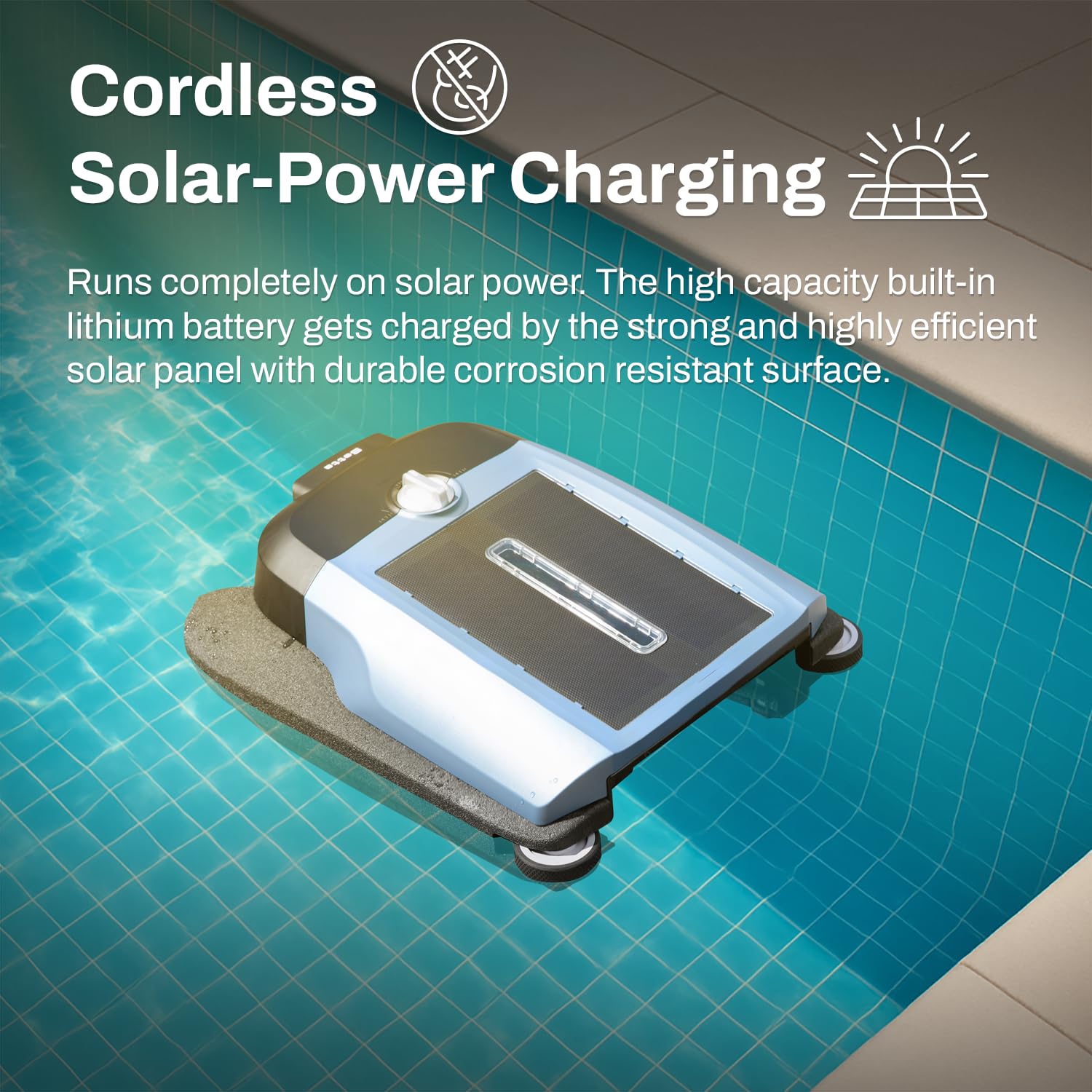 Betta Flex in action with solar powered cordless operation cleaning the pool surface.