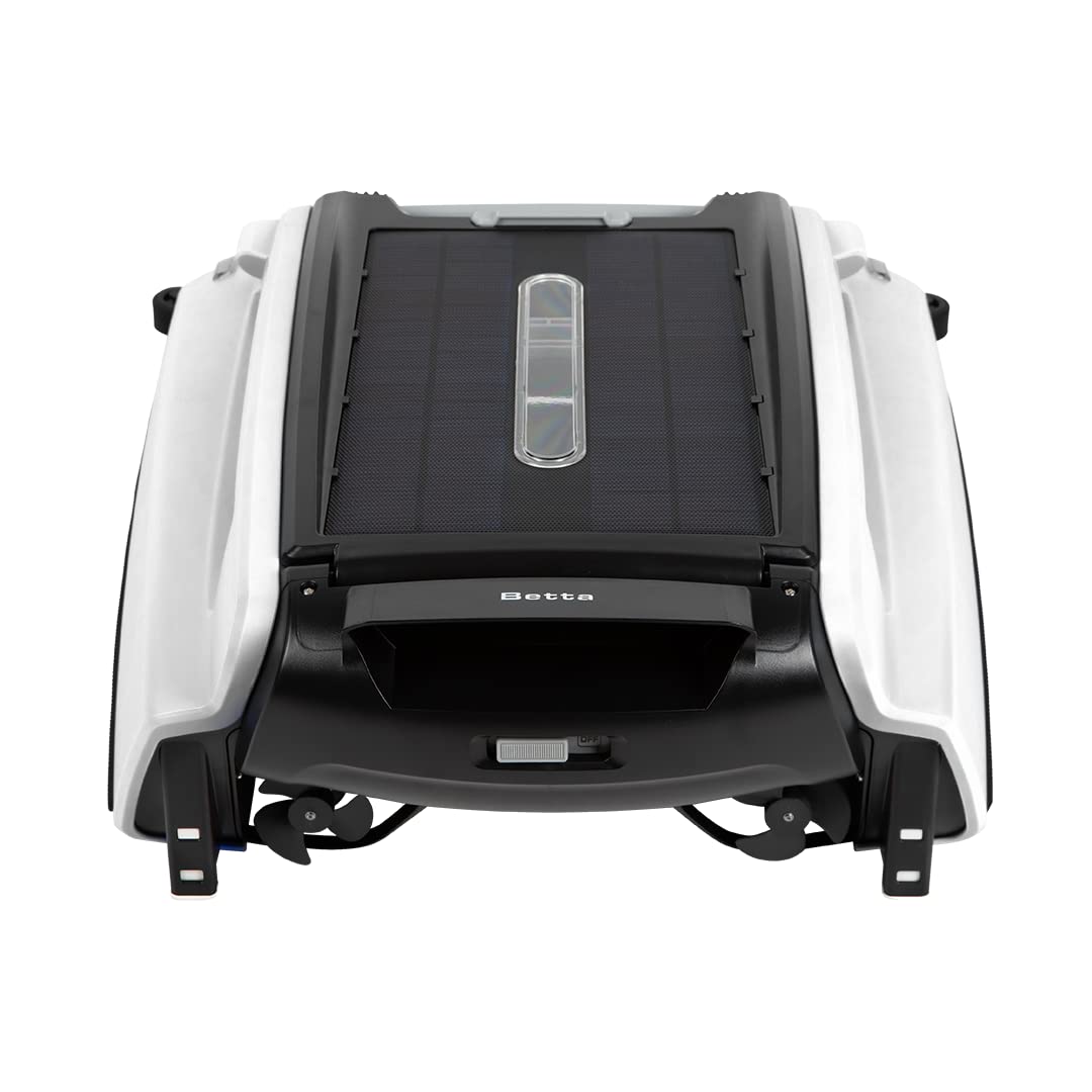 Betta SE solar skimmer in pool front view removes surface debris efficiently.
