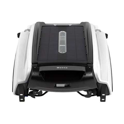 Betta SE solar skimmer in pool front view removes surface debris efficiently.