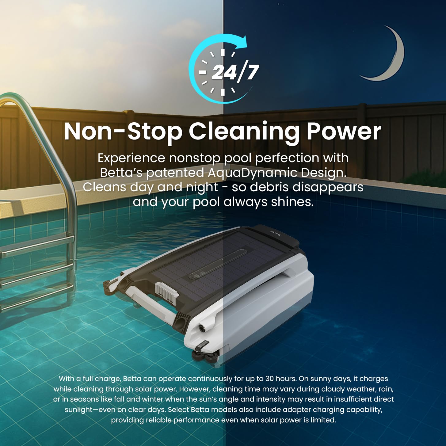 Betta SE solar skimmer in pool action cleans surface debris continuously under sun.