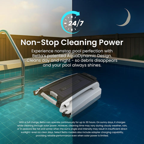 Betta SE solar skimmer in pool action cleans surface debris continuously under sun.