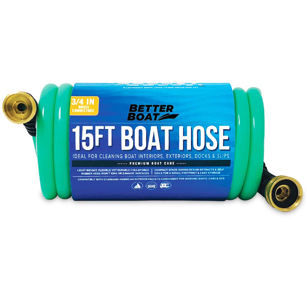 Better Boat 15ft coiled hose with self-recoil design for compact storage and quick setup.