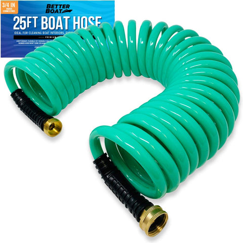 Better Boat 25ft coiled hose neatly stored for boats and RVs, ready for quick washes.