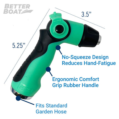 Better Boat hose nozzle showing thumb-controlled flow for comfortable, precise control.