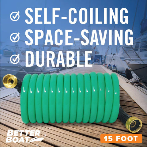 Durable rubber hose resists kinking during car, boat, or deck cleaning.