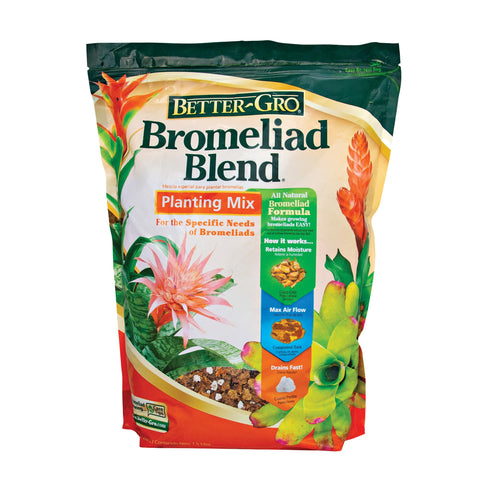 Better-Gro Bromeliad Blend 8 Qt bag label shows a ready-to-use mix for bromeliads.