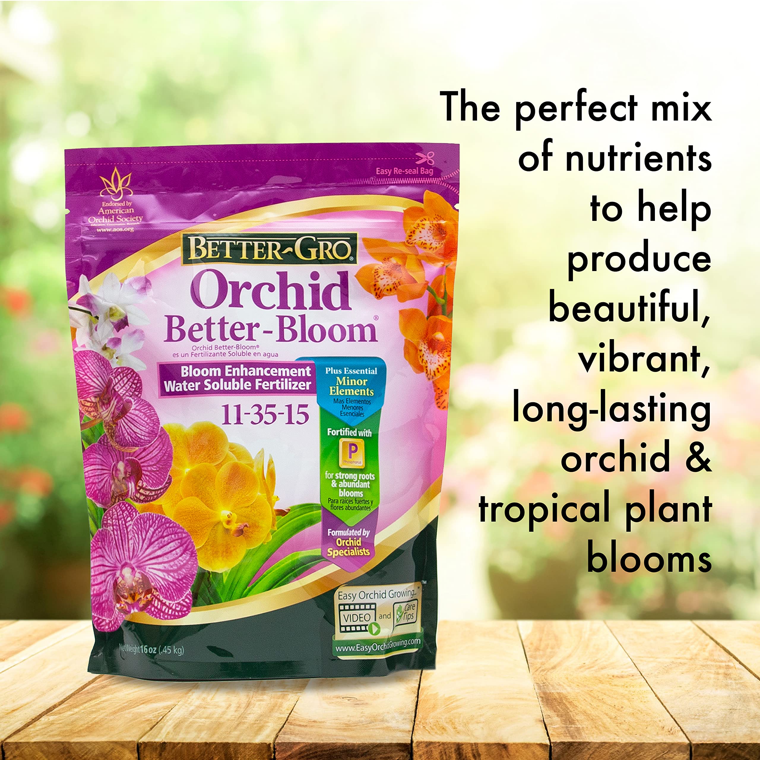 Better-Gro Orchid Plus Bloom Booster promotes longer-lasting orchid blooms