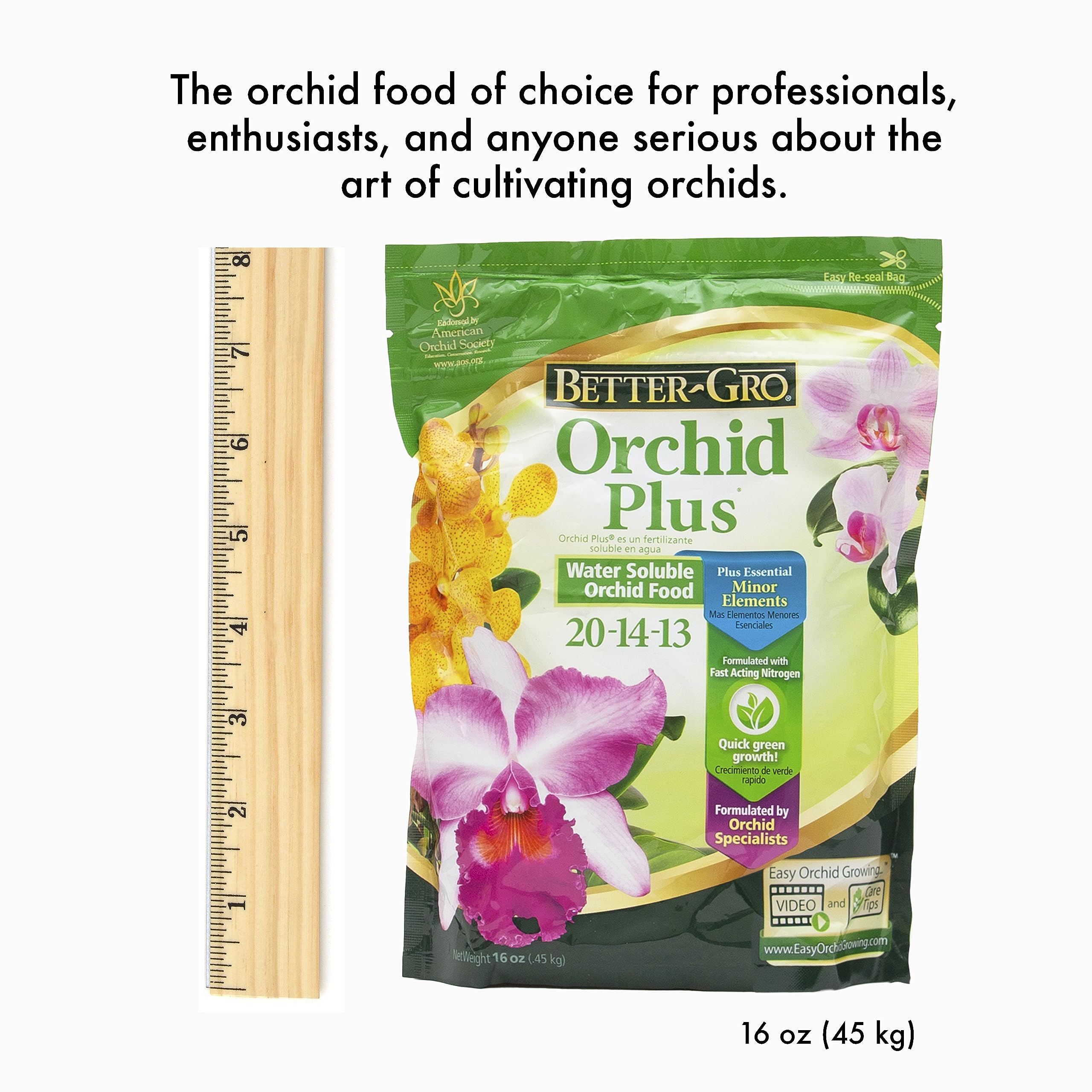 Better-Gro Orchid Plus dosing guide shows teaspoon-per-gallon clarity for weekly feeds.