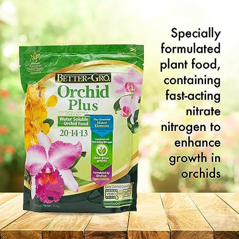 Better-Gro Orchid Plus 20-14-13 formula supports balanced indoor orchid nutrition.